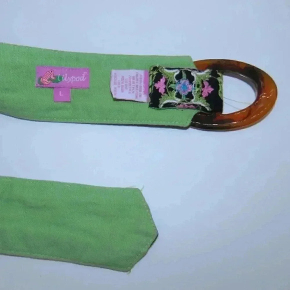Lily Pod 100% Cotton Navy & Green Embroidered Ribbon Cinch Belt size L - Picture 5 of 5